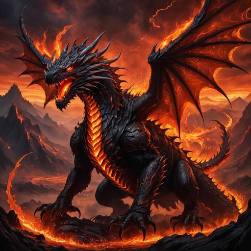Fierce Dragon in Fiery Volcanic Landscape