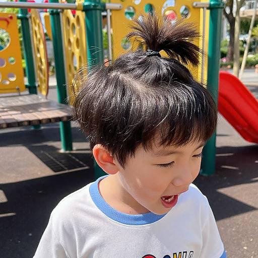 Photograph of a young Asian boy with black hair in a high bun, wearing a white shirt with blue trim, laughing in a colorful playground with yellow