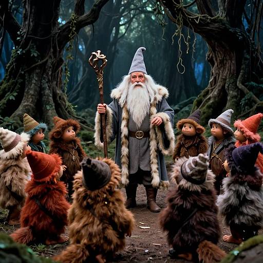 Photograph-style CGI of a bearded wizard in a blue hat and fur cloak, holding a staff, surrounded by furry-clad children in a dark