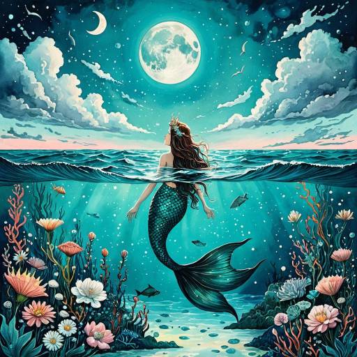 Mermaid Queen in Turquoise Ocean Under Moonlight