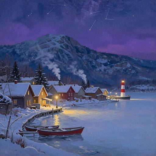 Twilight Snowy Village Oil Painting