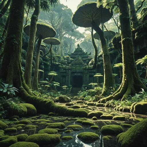 Ancient Moss-Covered Tropical Grove with Temple Ancient Moss-Covered Tropical Grove with Temple