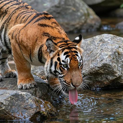 Young Tiger Drinking from Rocky Stream