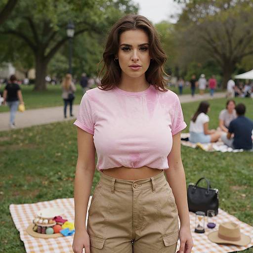 Photograph of a brunette woman with wavy hair, wearing a pink crop top and beige pants, standing in a park with people picnicking in