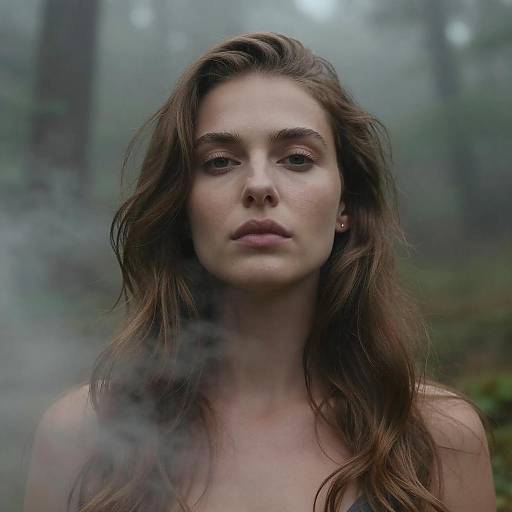 Photograph of a serious, fair-skinned woman with long, wavy brown hair, standing in a misty forest, wearing no visible clothes,