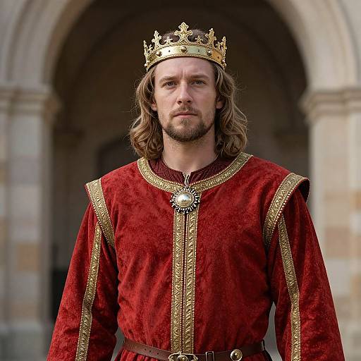 Photograph of a fair-skinned, bearded man with shoulder-length brown hair, wearing a gold crown and red velvet robe with gold trim, standing