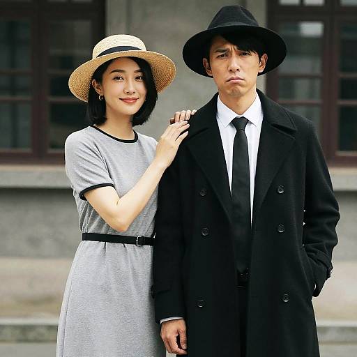 Photograph of an Asian couple; woman in gray dress and straw hat, man in black coat and hat, standing closely outdoors.