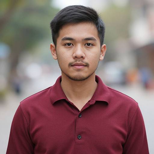 Photograph of an Asian man with short black hair, mustache, and brown eyes, wearing a maroon polo shirt, standing outdoors with a blurred