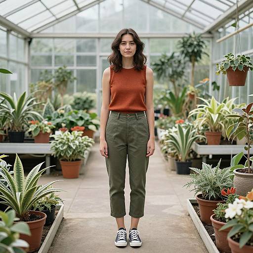 Photograph of a young woman with wavy brown hair, wearing a sleeveless red top, olive green pants, and black Converse shoes, standing