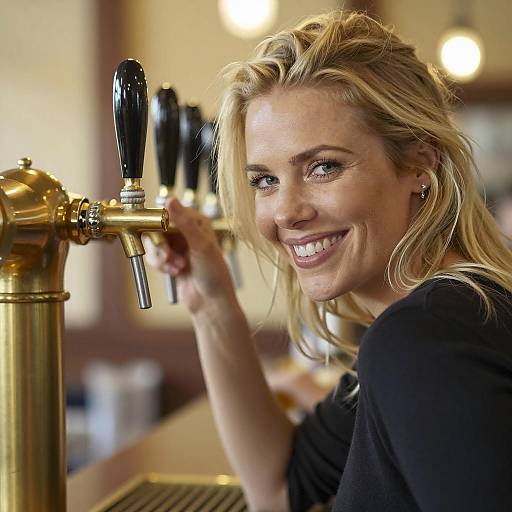 Smiling Blonde Woman Pouring Beer at Tap