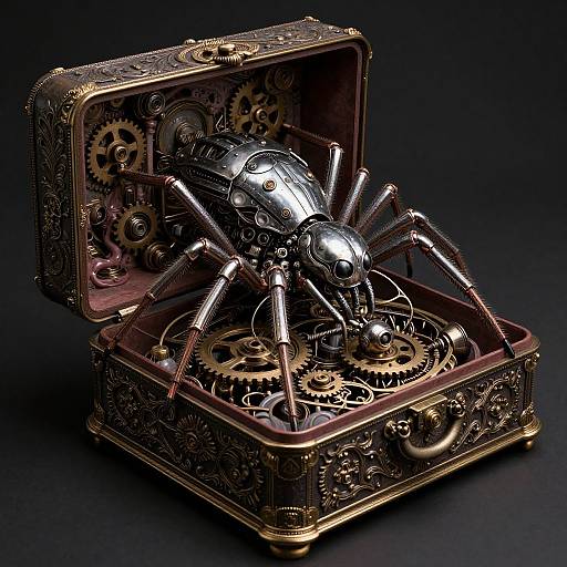 Steampunk robotic spider in an intricately decorated, open, brass and leather box, with gears and cogs, set against a dark background.