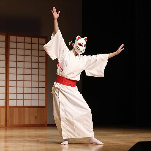 Traditional Japanese Dance Performer in Kitsune Mask