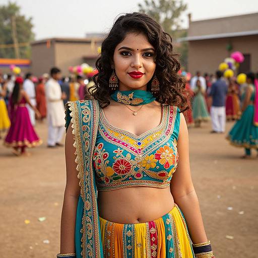 Photograph of a smiling Indian woman with dark curly hair, wearing a colorful, embroidered traditional outfit, standing in a vibrant festival crowd.