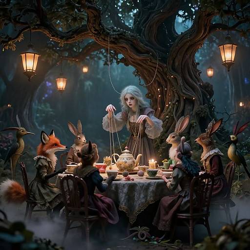 Fantastical forest dinner scene: pale woman with long hair pours tea for anthropomorphic foxes and rabbits, surrounded by glowing lanterns, under a