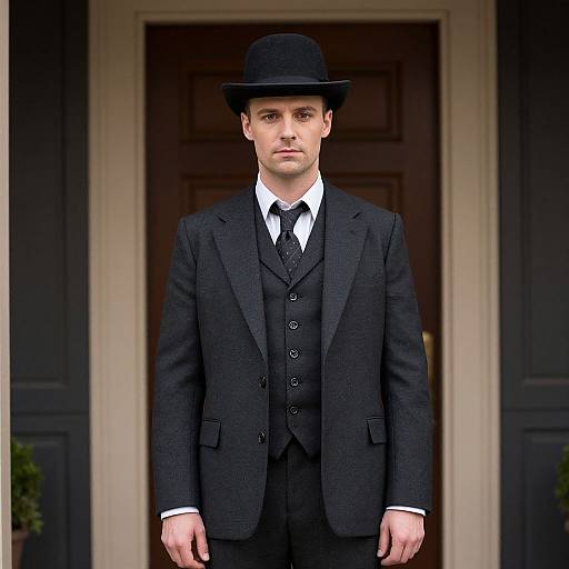 Photograph of a young Caucasian man in a black Victorian-style suit, white shirt, black tie, and black bowler hat, standing in front of