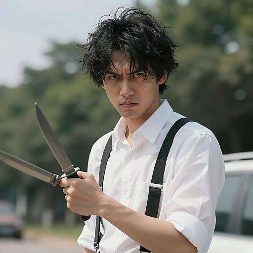 Intense Man with Knives in Nature