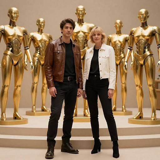 Couple Facing Circle of Golden Robots