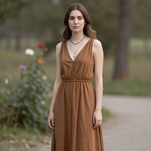 Photograph of a young woman with fair skin, brown wavy hair, wearing a sleeveless, brown, V-neck dress and layered necklaces,