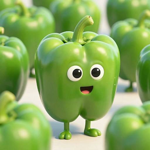 CGI image of a cheerful, green bell pepper with wide eyes and a smiling mouth, standing among blurred, green bell peppers.