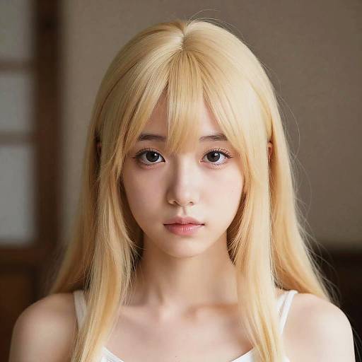 Digital anime-style portrait of a young woman with long, straight blonde hair, blue eyes, fair skin, and a white tank top. Soft, neutral