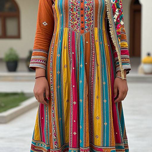 Photograph of a woman in a vibrant, embroidered, long-sleeve salwar kameez with colorful vertical stripes, standing outdoors, blurred background