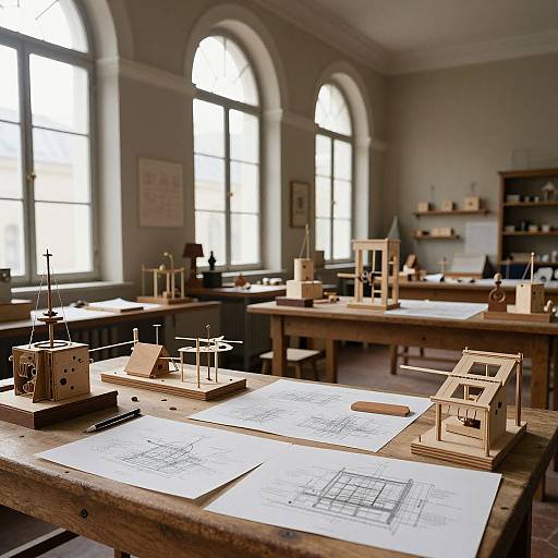 Photograph of a bright, vintage classroom with large arched windows, wooden tables, and intricate wooden ship models on blueprints.