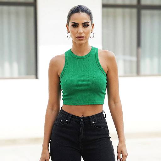 Photograph of a fit, dark-haired woman with hoop earrings, wearing a green ribbed crop top and black high-waisted jeans, standing confidently