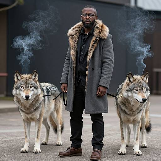Photograph of a Black man in a fur-trimmed gray coat, standing between two smoking wolves on a city street.
