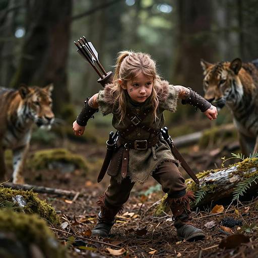 Photograph of a young blonde girl in medieval forest attire, with quiver and arrow, standing defiantly between two snarling tigers.