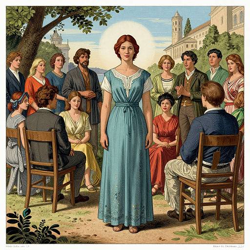 Illustration of a red-haired woman in a blue dress standing center, surrounded by seated and standing people in 19th-century clothing, under a tree