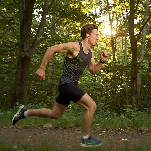 Photograph of a muscular, fair-skinned man with short brown hair running in a sunlit forest, wearing a black tank top, black shorts,