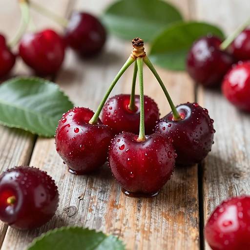 Photograph of fresh, glossy, red cherries with water droplets, attached to green stems, resting on a rustic wooden surface.