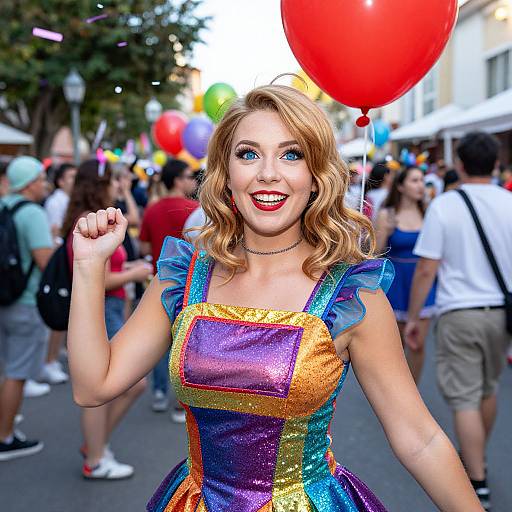 Photograph of a smiling blonde woman with blue eyes, wearing a colorful, glittery, sleeveless dress, holding a red balloon at a crowded outdoor