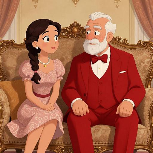 Digital illustration of a young woman with black braided hair in a pink dress, and an elderly man with white hair and beard, in red suit,