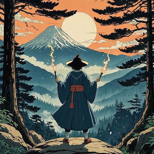 Anime Style Young Wizard Casting Spell in Misty Mountains