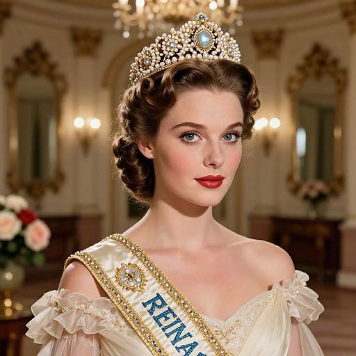 Photograph of a fair-skinned, blue-eyed woman with red lipstick, wearing a pearl tiara, white off-shoulder gown, and 