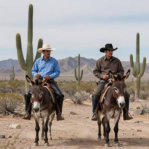 Cowboys and Donkeys in Desert Landscape