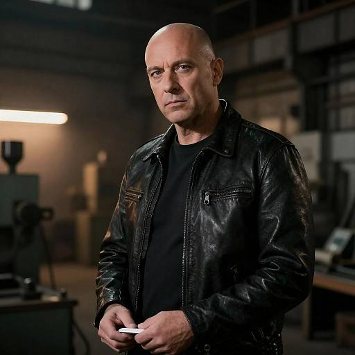 Bald Man in Leather Jacket Warehouse