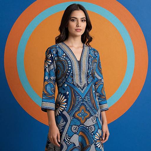 Photograph of a young woman with dark wavy hair, wearing a blue, patterned V-neck dress, standing against a vibrant blue background with an