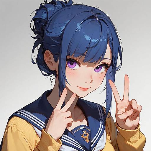 Digital anime-style portrait of a blue-haired girl with purple eyes, wearing a navy and yellow school uniform, flashing double peace signs.