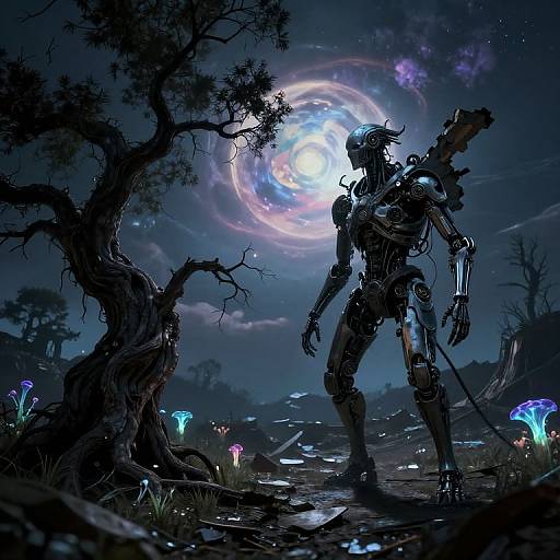 Digital art of a glowing, futuristic robot standing in a dark, mystical forest under a swirling, cosmic moon; bioluminescent mushrooms scatter the ground