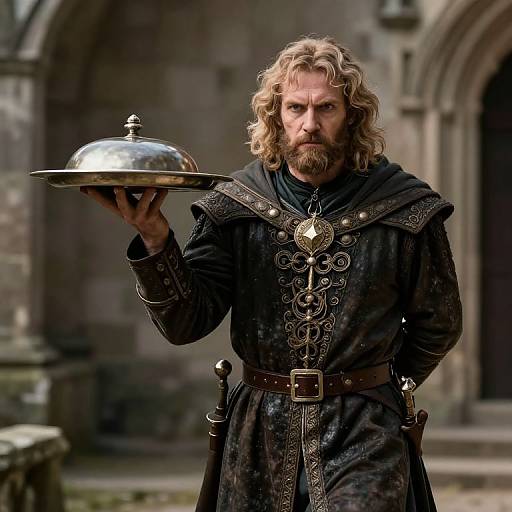 Photograph of a rugged, bearded man with long blond hair, wearing medieval black armor with intricate gold detailing, holding a silver serving tray, standing