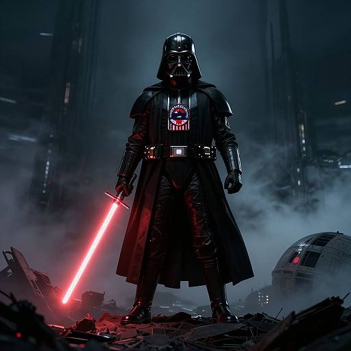 Photograph-like CGI of Darth Vader standing in a dark, smoky sci-fi landscape, holding a glowing red lightsaber, with a destroyed droid