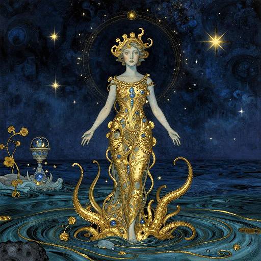 Digital art of a white-skinned goddess in a golden, ornate dress with tentacle-like lower half, standing in a starry ocean at night