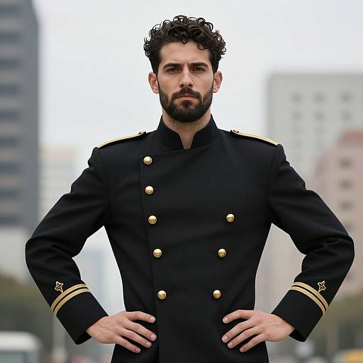 Photograph of a bearded man with curly dark hair, wearing a black double-breasted military-style jacket with gold buttons and stripes, standing confidently with