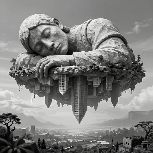 Digital CGI artwork: massive, sleeping stone statue of a child with eyes closed, resting on a floating cityscape, surrounded by trees, with a detailed