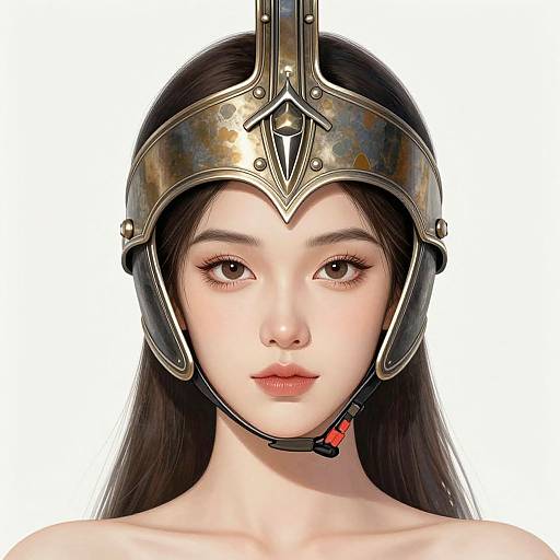 Digital portrait of an Asian woman with fair skin, long black hair, and brown eyes, wearing a metallic medieval-style helmet with a central diamond shape.