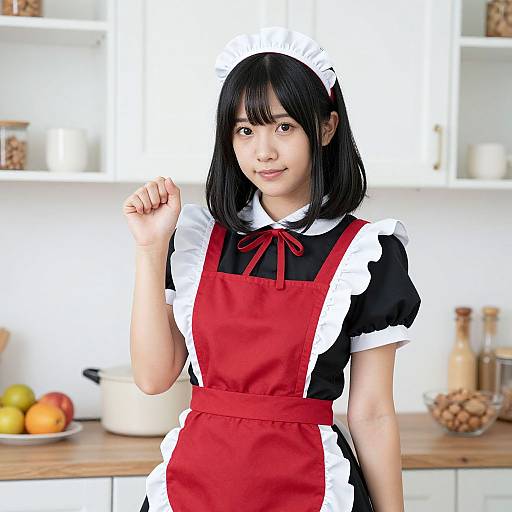 Photograph of an Asian woman with black bob hair, wearing a black and white maid outfit with a red apron, standing in a bright, modern