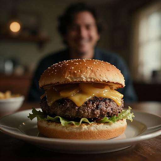 Photograph of a juicy cheeseburger with sesame seed bun, melted cheese, lettuce, and beef patty, blurred smiling man in the background.