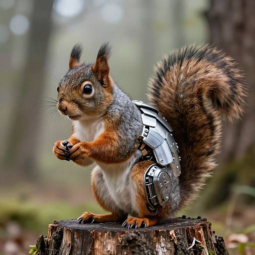 Photograph of a red squirrel with a metallic backpack, standing on a tree stump in a blurred forest background.